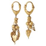 A pair of seed pearl leaf and roundel gold pendant earrings in the ancient style, each approx.