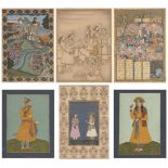 A group of five Indian paintings, 20th century and a print of a Safavid miniature, opaque pigments