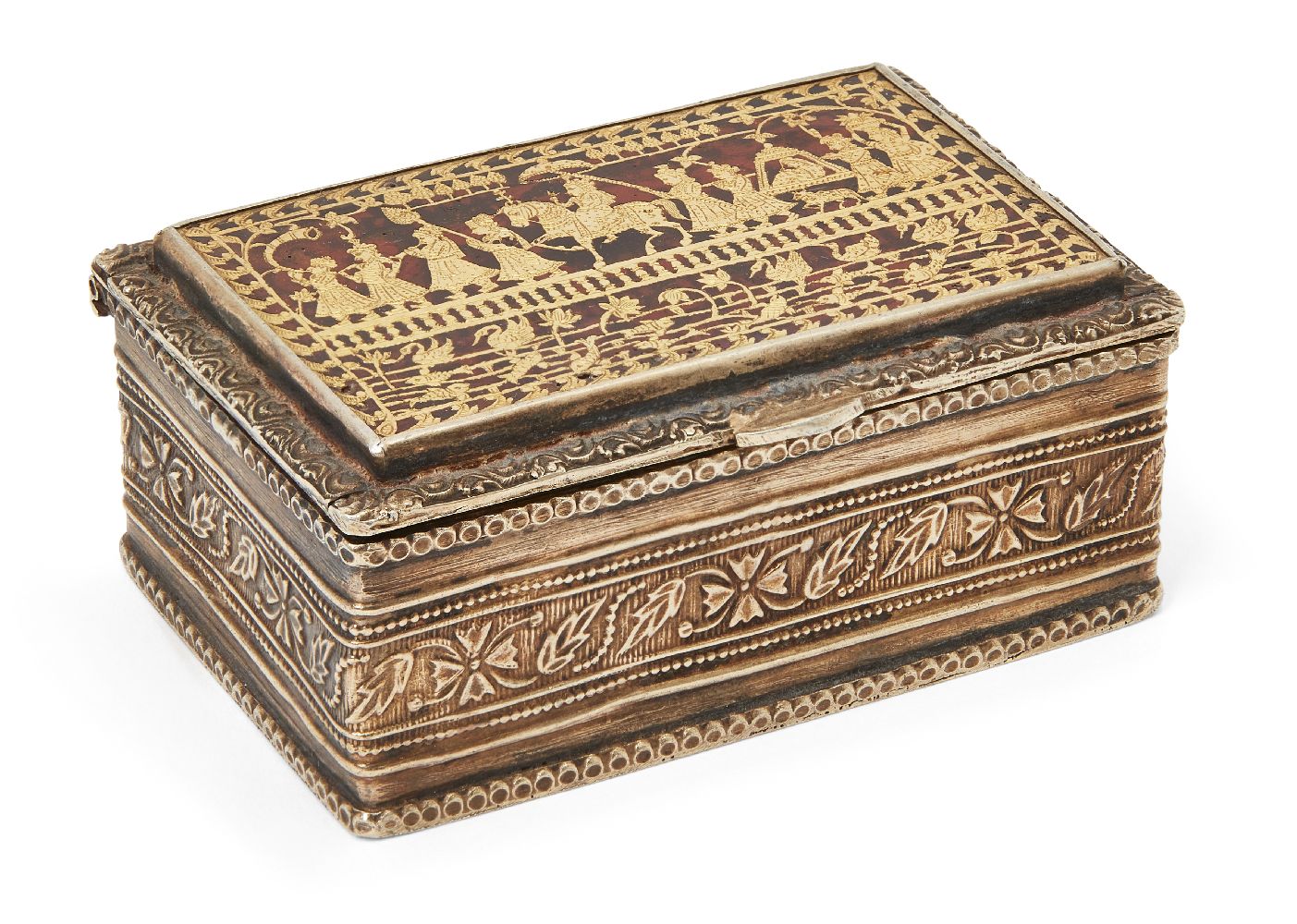 A parcel gilt Pratabgarh casket and two brooches, Rajasthan, mid-19th century, the casket of