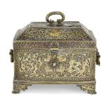 An engraved and pierced Qajar brass casket, Iran,19th century, of rectangular, casket-like shape,