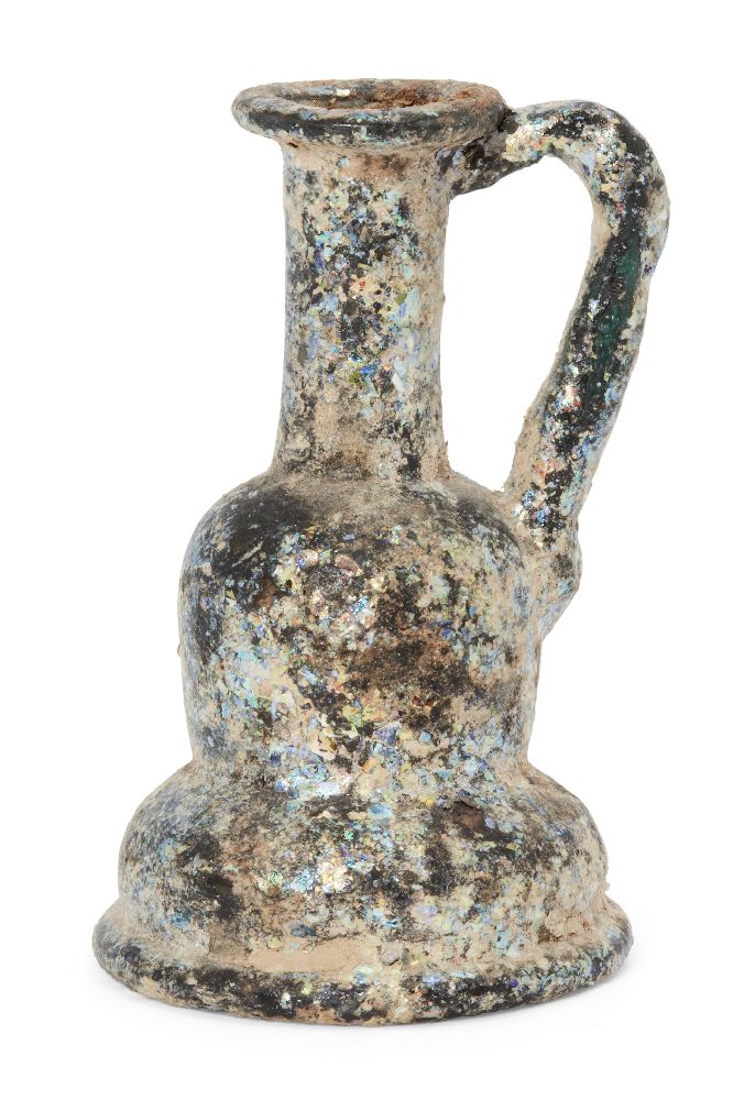 Six glass vessels including an unguentarium with tall cylindrical neck and applied trail, 15.2cm; - Image 2 of 6