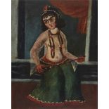 A Qajar oil painting of a young female musician, Iran, late 19th century, depicted wearing a