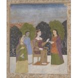 A lady in European dress seated on a terrace with female attendants, Provincial Mughal, probably