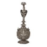 A large repousse decorated silver rosewater sprinkler, Lucknow, North India, 19th century, on raised