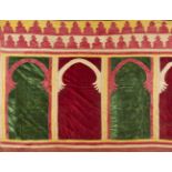 A Haiti wall hanging, Morocco, 19th century, with red and green velvet mihrabs beneath red and cream