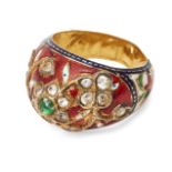 A diamond-set enamelled gold bombe ring, India, 19th century, the bezel set with a flower set with