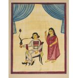 A large Kalighat painting of a gentleman smoking with attendant, Kolkata, India, 19th century,