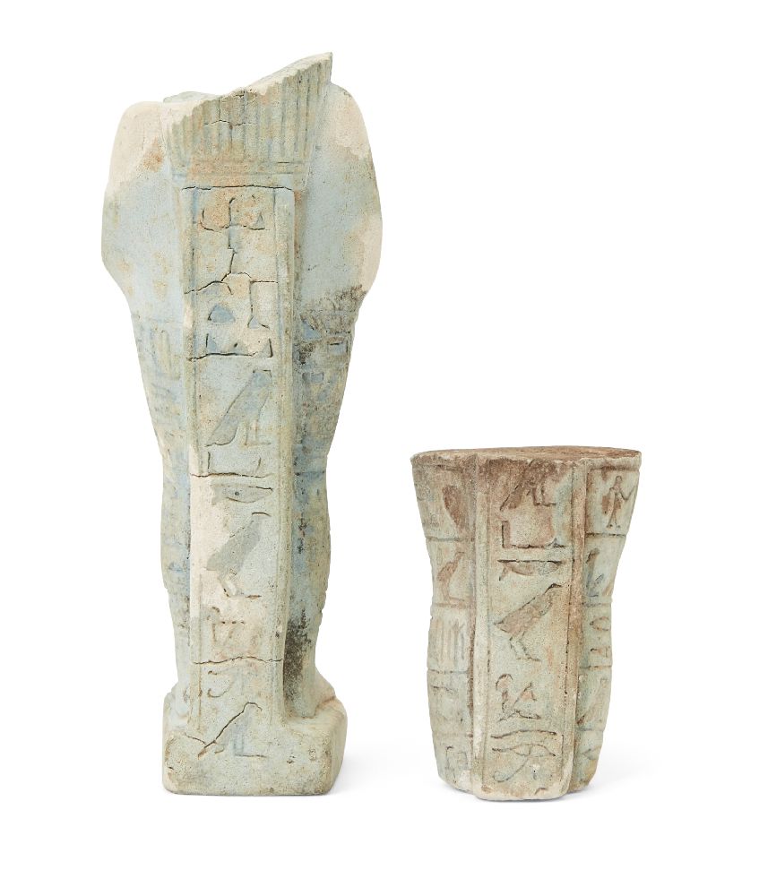 A fragmentary Egyptian blue glazed composition shabti of typical mumiform, holding two hoes, with - Image 2 of 3