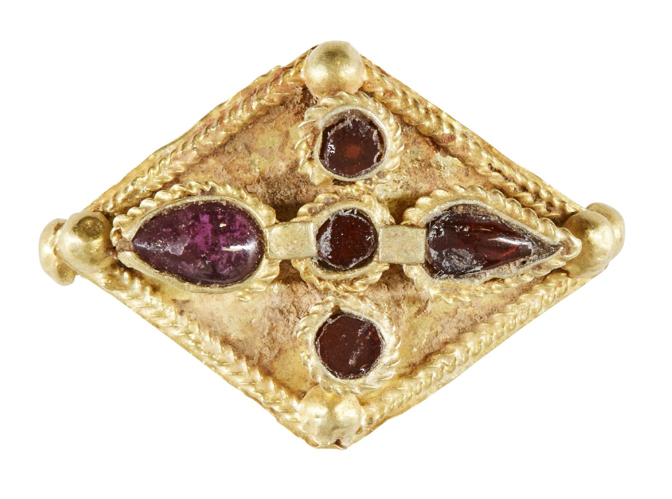 AMENDENT: Please note the measurements are 2.4cm wide and 1.4cm high. A garnet set gold element,