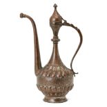 A large tinned copper ewer, probably Bukhara, Central Asia, 18th century, on a short spreading foot,