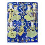 A large Qajar cuerda seca tile panel, Iran, 19th century, in the Safavid style, depicting courtiers,