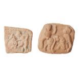 Two unglazed terracotta stamps with erotic scenes, India, Gupta period, each of roughly