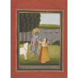 Krishna embraces Radha by the Yamuna river, Jaipur, Rajasthan, mid-19th century, opaque pigments