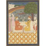 A folio from a dispersed Janamsakhi illustrating a meeting between Guru Nanak and the Mughal Emperor