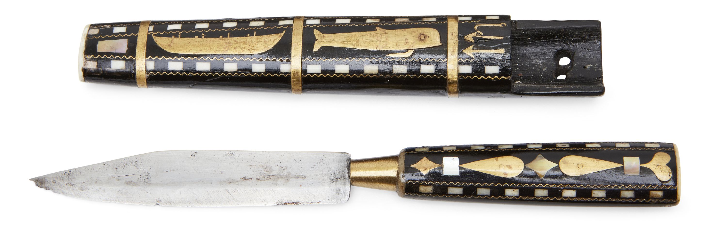 A Scandinavian brass and mother-of-pearl inlaid whaling knife and sheath (Puukko), mid-19th century,