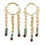 A pair of gold earrings in the Roman style, the hoop with twisted wire detail, each with three