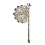 A silver ceremonial axe, India, early 20th century, the fan-shaped head formed of openwork and