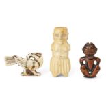 Three carved ivory figures, Polynesia, 19th century, comprising a bone bird, an ivory figure and a