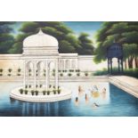 Krishna and consorts bathing near a pavilion, Rajasthan, India, circa 1920, opaque pigments