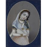 A reverse painting on glass of a young girl in Indian dress, India, early-mid 19th century, shown