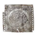 An Ottoman engraved steel armour element, 18th-19th century, of square form, the central roundel