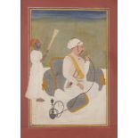 A prince smoking a hookah on a terrace, an attendant standing behind him with a flywhisk, Marwar,