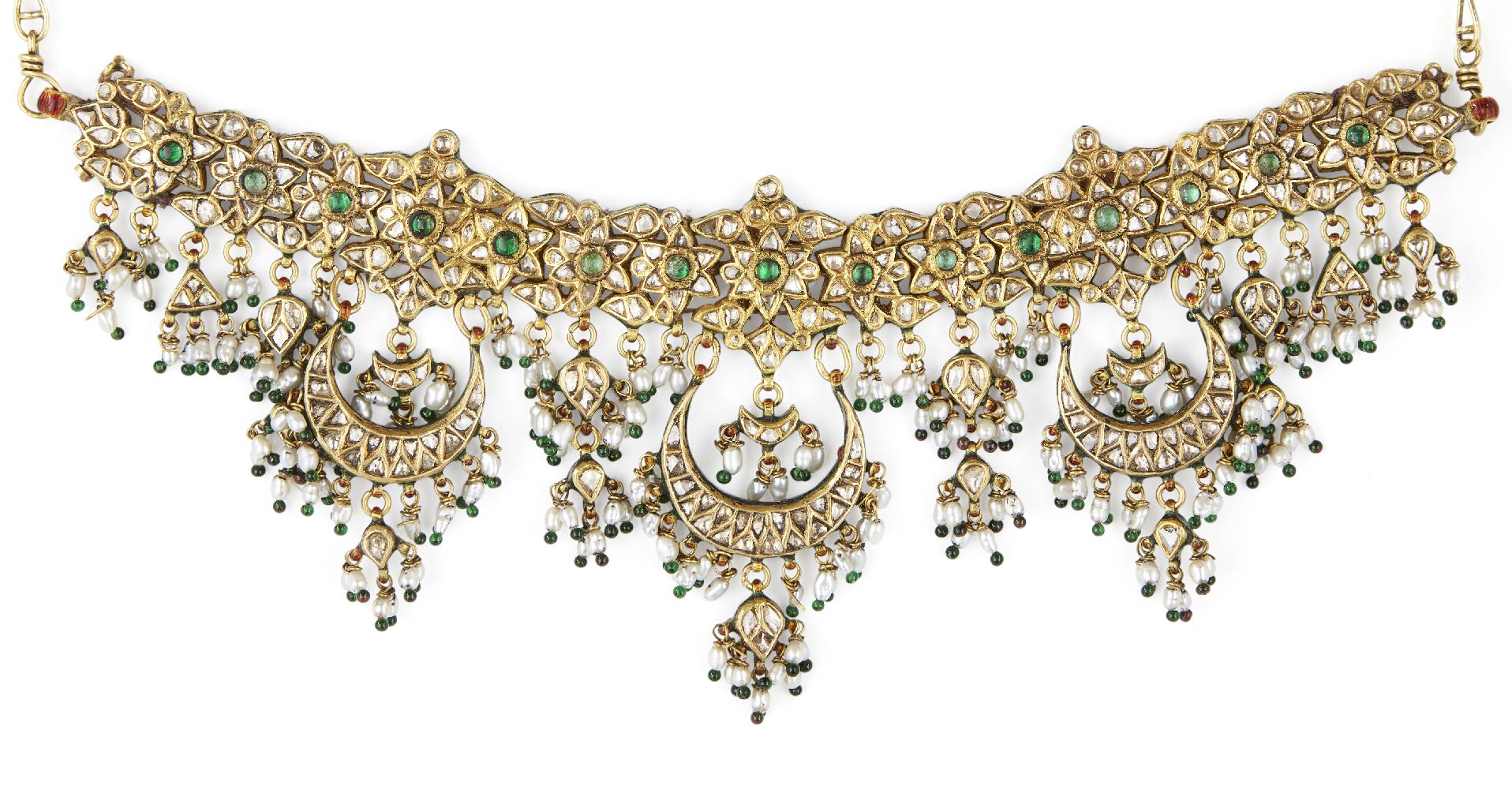 A fine Mughal diamond-set enamelled gold necklace, India, 19th century, the choker band formed of