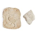 Two Egyptian style relief fragments, including a stucco relief with a princess seated on a cushion