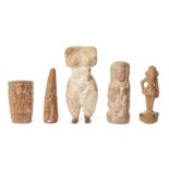 Five carved stone female goddess figures, Iran and Egypt, carved in bone and stone, the tallest a
