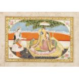 Krishna and Radha receiving a prince, Kangra, early 19th century, opaque pigments on paper