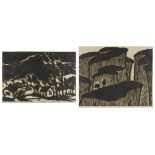 Liu Hiaming, Chinese b.1954- The Winds in the Mountains, 1990 and Mountains 1994, two woodblock