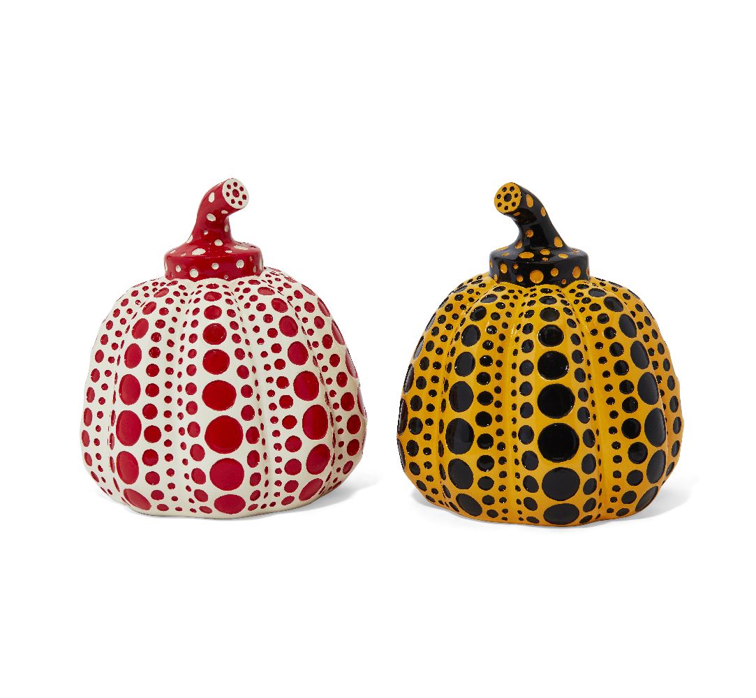 Yayoi Kusama, Japanese b.1929- Pumpkin, 2016; two painted cast resin sculptures in yellow and red,