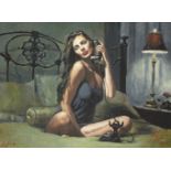 Fabian Perez, Argentinian b.1967- Black Phone II; giclée print in colours on canvas board, signed