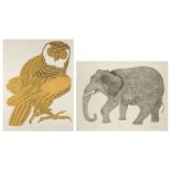 Karen Usborne, British b.1941- Elephant and Owl, 1971; two etchings in colours on T.H. Saunders