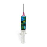 Miss Bugs, British b.1979- Do No Harm 2 Syringe (Emoji Blue), 2020; hand cast resin syringe,