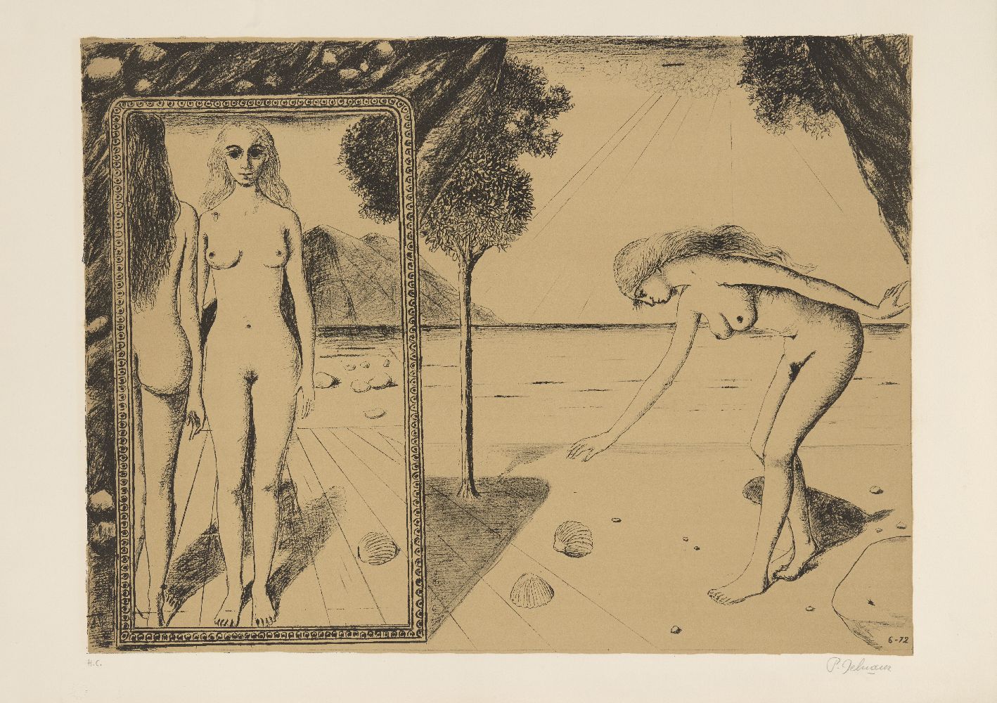 Paul Delvaux, Belgian 1897-1994- The Beach [Jacob 59], 1972; lithograph in colour on wove, signed