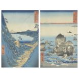 Utagawa Hiroshige, Japanese 1797-1858, Shiojiri Pass in Shinano Province and Futami Bay in Ise