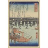 Utagawa Hiroshige, Japanese 1797-1858, Ryogoku in the Eastern Capital, 1852, woodblock print in