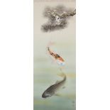 A Japanese scroll and incense burner, 20th century, ink on silk kakemono-e depicting two koi