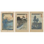 Utagawa Hiroshige, Japanese 1797-1858, Hakone, Akasaka and Yui, 1855, three woodblock prints in