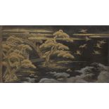 A Japanese Lacquered wood panel, 19th century, finely decorated with takamaki-e pine trees, waves