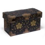 A Japanese rectangular lacquer box, late Edo period, a small karabitsu, decorated with plum