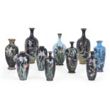 A group of small Japanese cloisonné vases, Meiji period, ten pieces to include a pair of ovoid vases