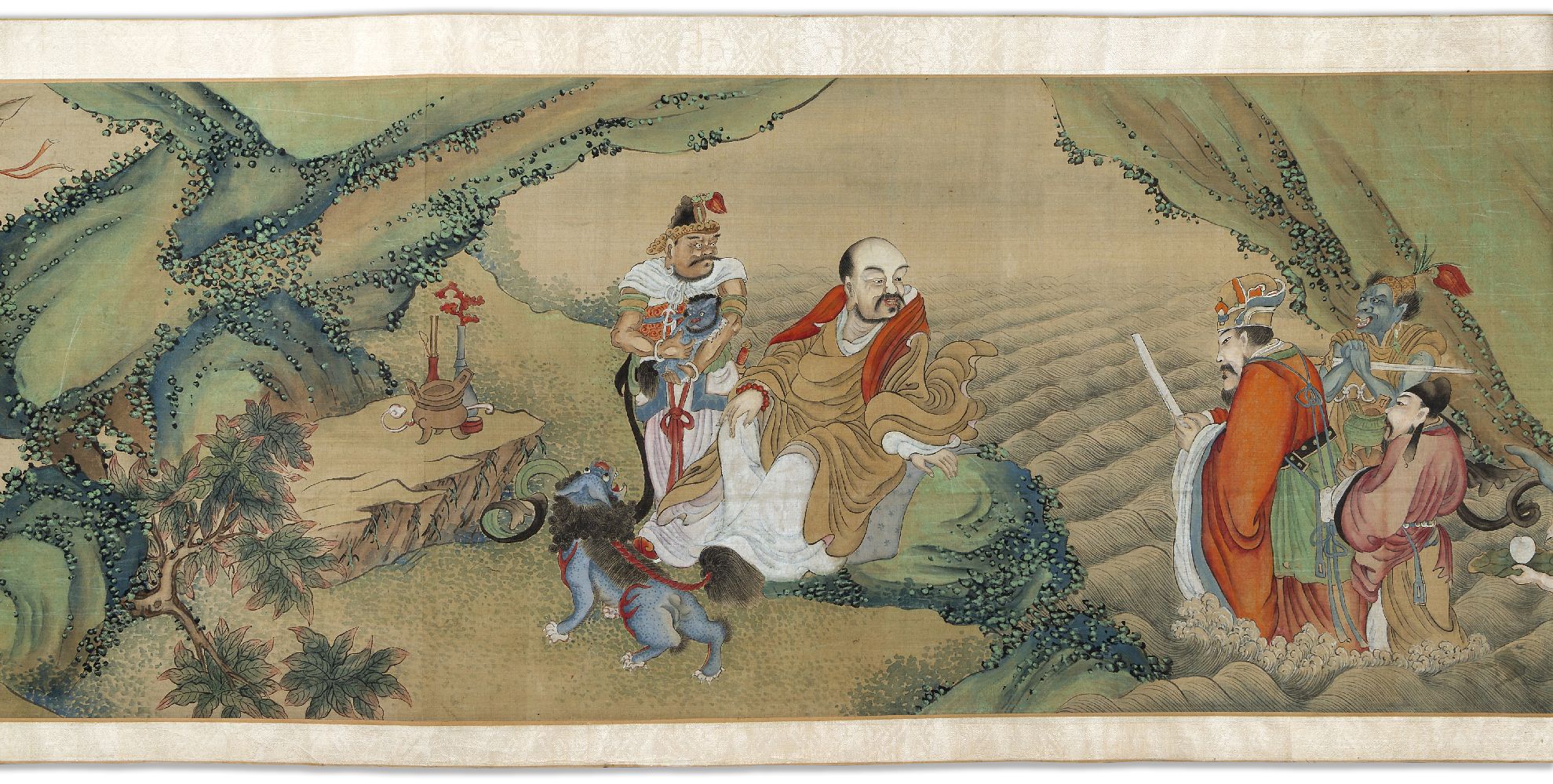19th century Chinese School, ink and colour on silk handscroll, finely painted with immortals in - Image 5 of 5