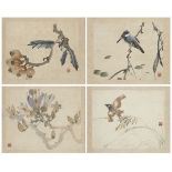 20th Century Chinese School, four ink and colour on paper studies of insects and birds on blossoming