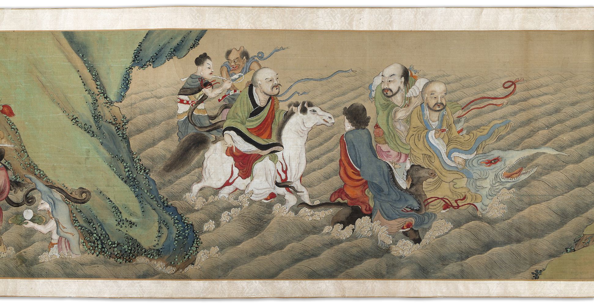 19th century Chinese School, ink and colour on silk handscroll, finely painted with immortals in - Image 4 of 5