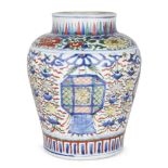 A Chinese porcelain wucai 'Buddhist emblems' jar, 17th century, painted with panels enclosing