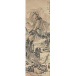 AFTER HUAN BINHONG, ink and colour on paper, mountainous landscape, 96x32cm, glazed framePlease