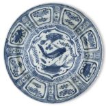 A Chinese porcelain Kraak blue and white 'fish' dish, 17th century, painted with three fish to the