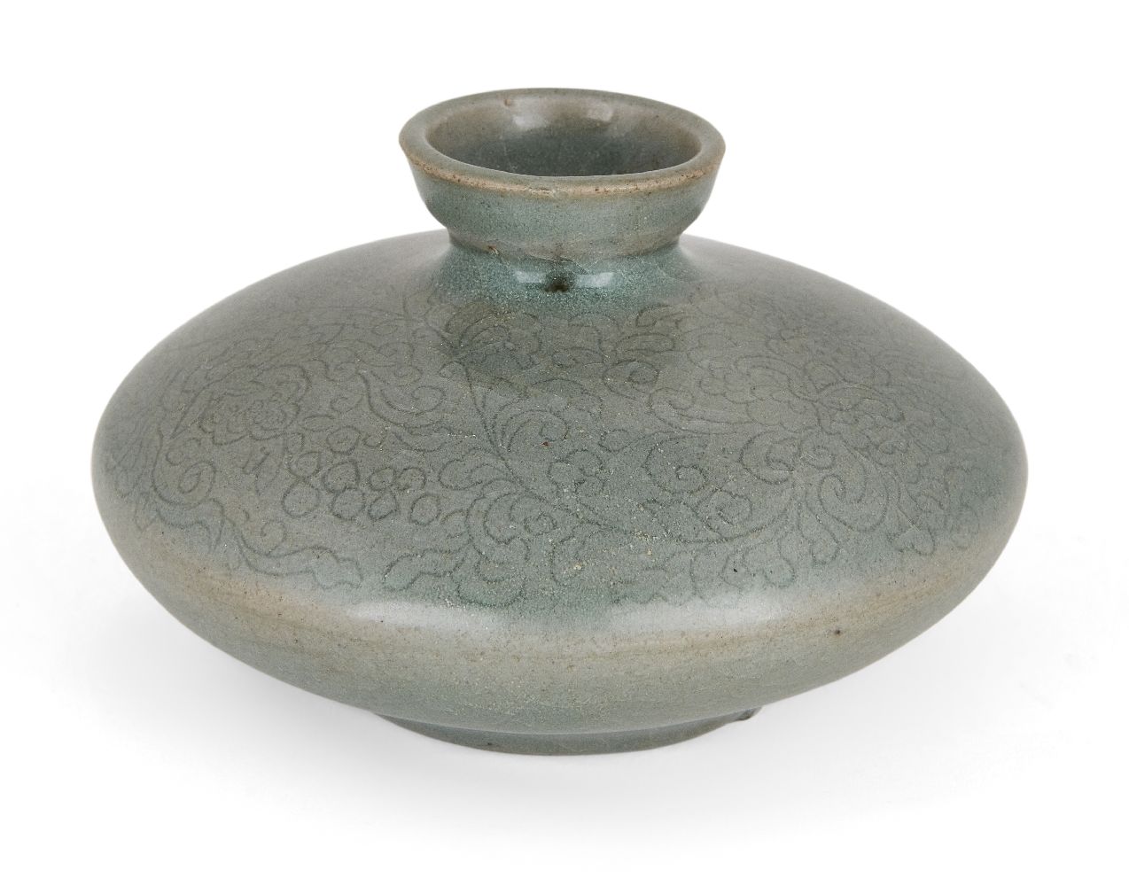 A Korean stoneware celadon oil pot, Goryeo dynasty, of flattened circular form, the exterior